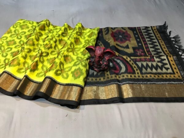 Lemon Yellow Black ikkat Sico Saree with flower design