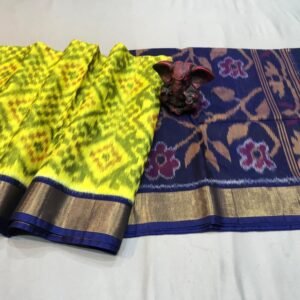 Lemon Yellow with Blue border Ikkat seiko Saree