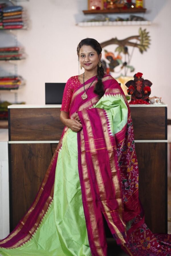 Light Green red Ikkat Pattu Saree