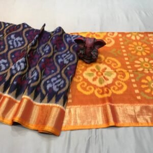 Navy Blue Orange Ikat seico Saree