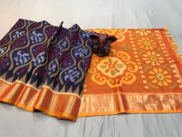 Navy Blue Orange Ikat seico Saree