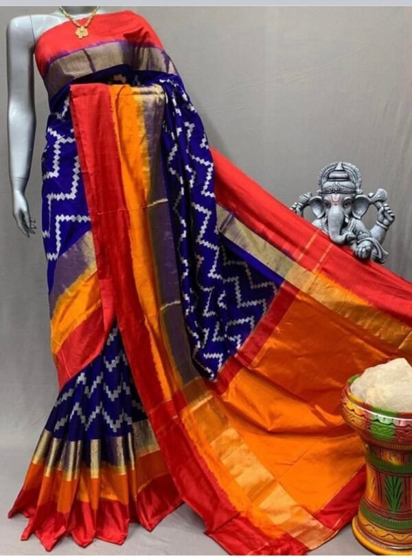 Pochampally twill ikkat silk saree with navy blue & multi color border