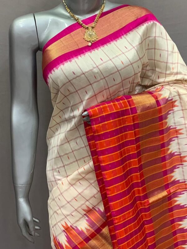 Orange Pink checks ikkat silk saree