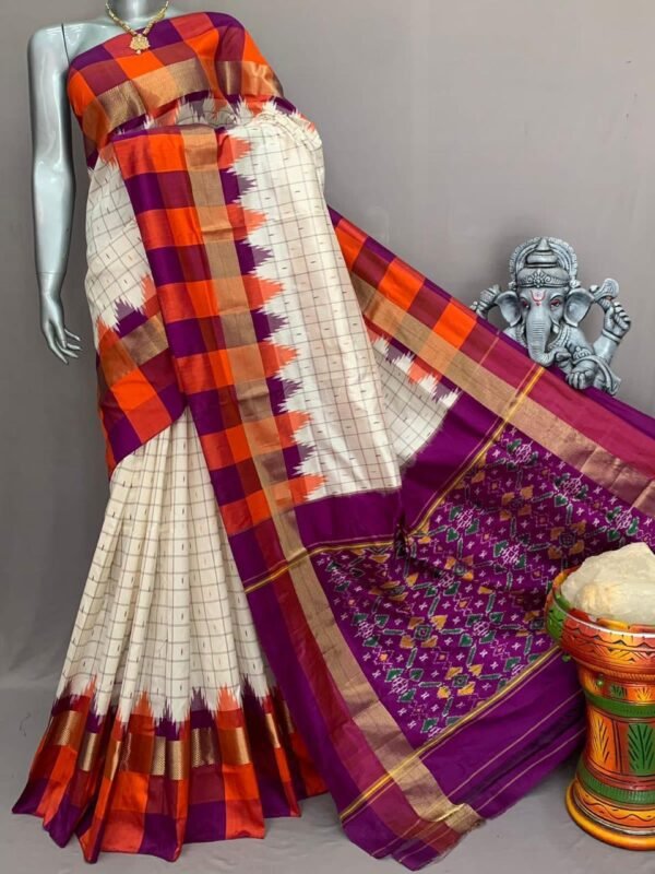 Orange Purple checks Ikkat Pattu saree