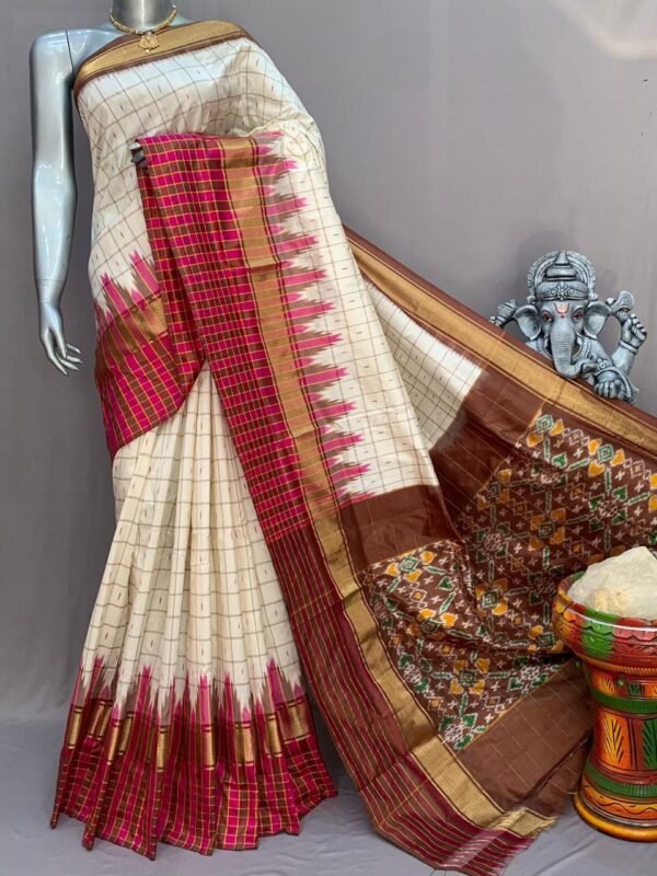 Pink Brown checks ikkat saree