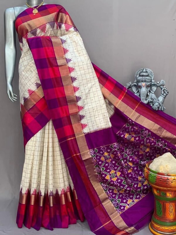 Red Purple Ikkat checks pattu saree