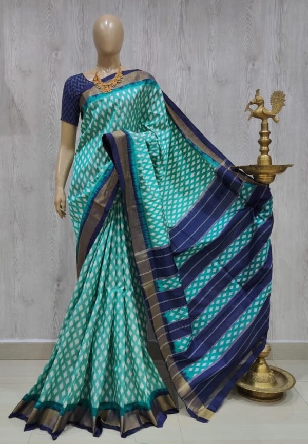 Sea Green Dark Blue Ikat Pattu Saree