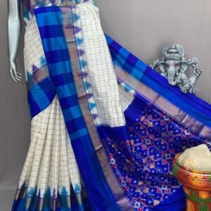 Sky Blue Silver checks Ikkat pattu saree 2