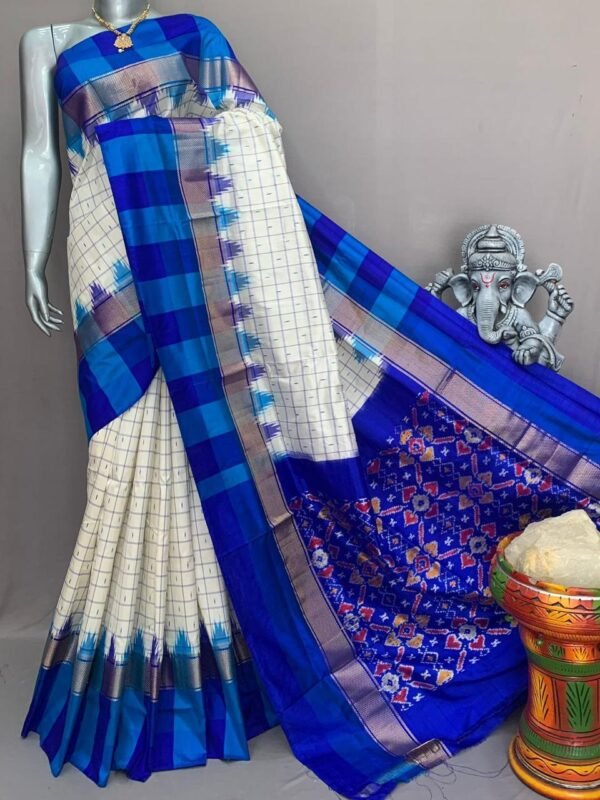 Sky Blue Silver checks Ikkat pattu saree 2