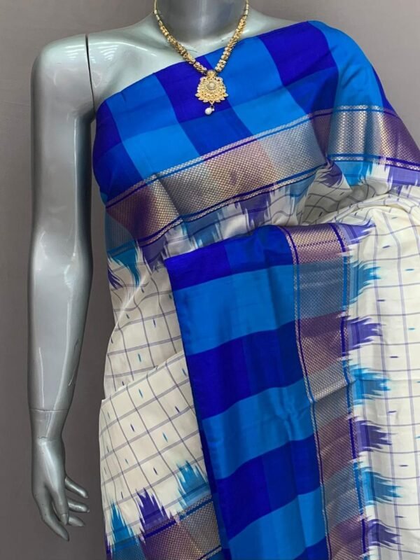 Sky Blue Silver checks Ikkat pattu saree