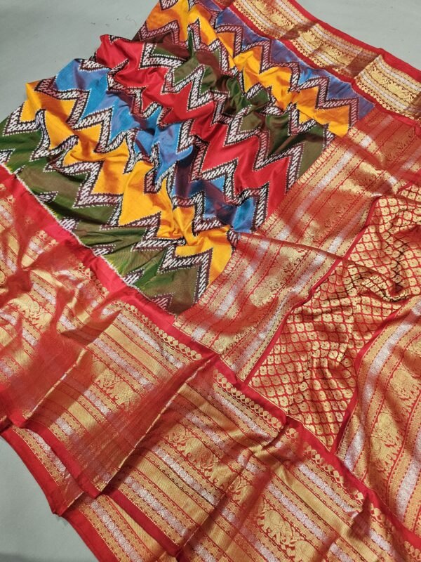 Pochampally twill ikkat saree multi color saree with red kanchi border