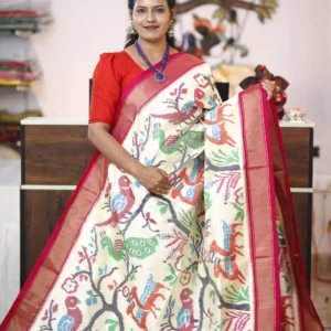 White Pink Ikkat Madthasu Design Saree 2