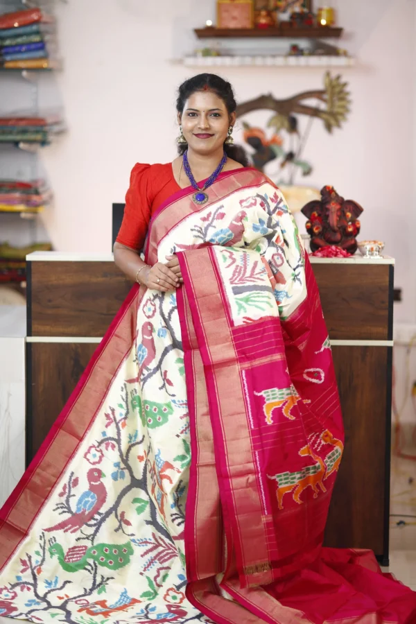 White Pink Ikkat Madthasu Design Saree