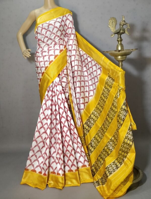 White Yellow Double Ikkat saree