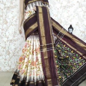 White and brown Digital Floral Print Design Ikkat Silk Saree 2