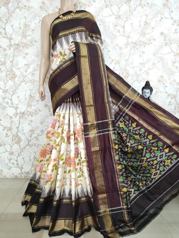 White and brown Digital Floral Print Design Ikkat Silk Saree 2