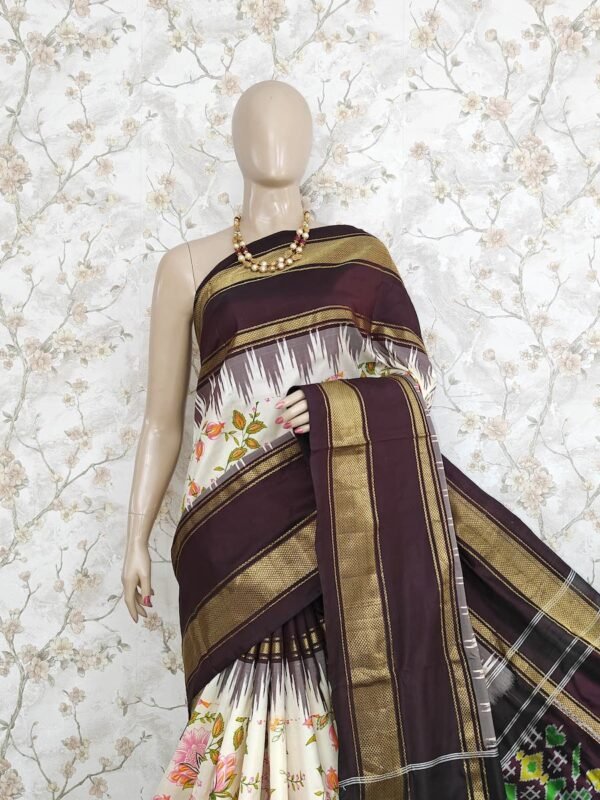 White and brown Digital Floral Print Design Ikkat Silk Saree