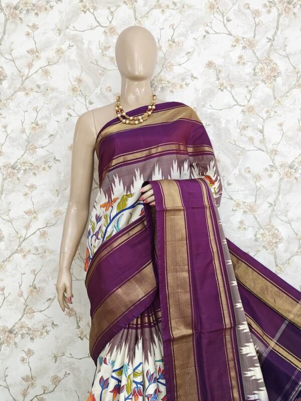 White and maroon Digital Floral Print Design Pochampally Silk Saree 2