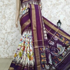 White and purple Digital Floral Print Design Pochampally Silk Saree