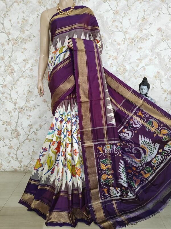 White and purple Digital Floral Print Design Pochampally Silk Saree