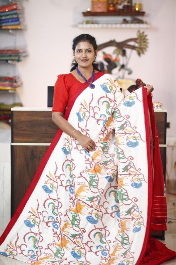 White & red Madthasu design Pochampally saree