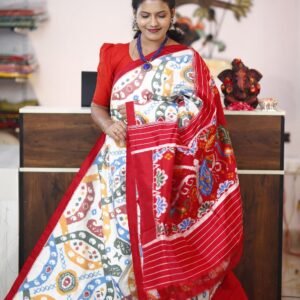 White & red Madthasu design ikkat saree 2