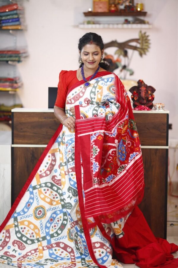 White & red Madthasu design ikkat saree 2