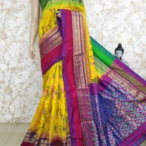 Yellow Digital Floral Print Design Ikkat Silk Saree