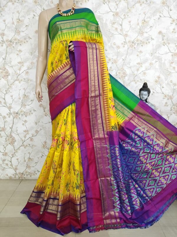 Yellow Digital Floral Print Design Ikkat Silk Saree