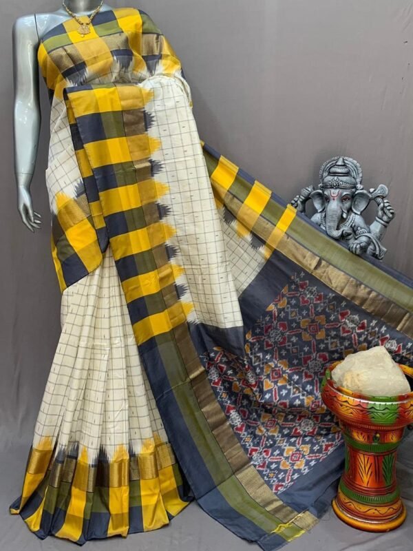 Yellow Black checks ikkat pattu saree