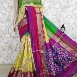 Yellow Digital Floral Print Design Ikkat Saree