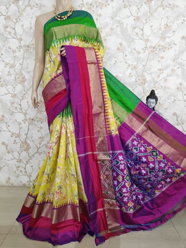 Yellow Digital Floral Print Design Ikkat Saree