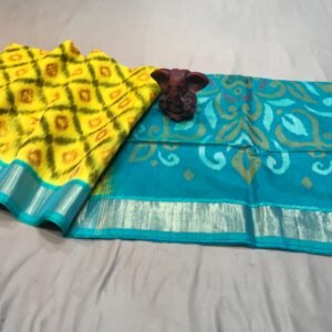 Yellow color saree body & Sky Blue pallu Pochampally ikat sico