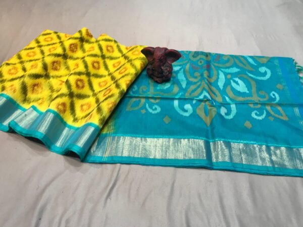 Yellow color saree body & Sky Blue pallu Pochampally ikat sico