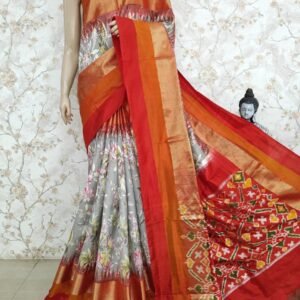 grey Digital Floral Print Design Pochampally Silk Saree