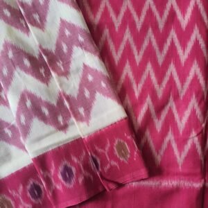 Pink pallu and pink border and white pink pochampally cotton saree body
