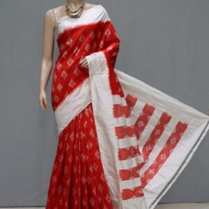 plain white border with ikkat patterns saree body