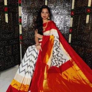 Pochampally Twill Ikkat Saree - Black Zig-Zag Lines With Red, Yellow & Beige Border