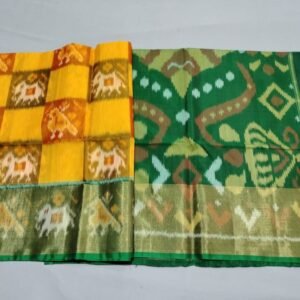 yellow Green Ikkat Sico Saree with elephant and peacock design