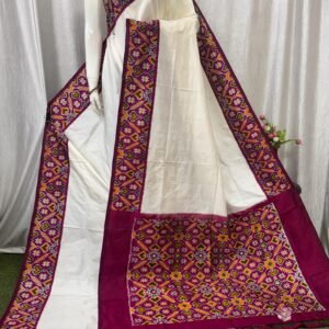 Plane white saree body with Patola design border Pochampally silk saree