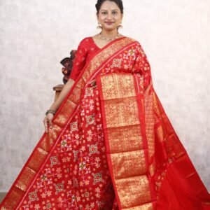 Pochampally Twill ikkat silk saree with red & red kanchi border, ikat Navratan Patola design