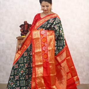 Pochampally Twill ikkat silk saree with black & red kanchi border, ikat Navratan Patola design