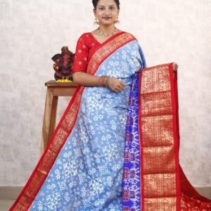 Pochampally Twill ikkat silk saree with blue & red kanchi border, Navratan Patola design ikat