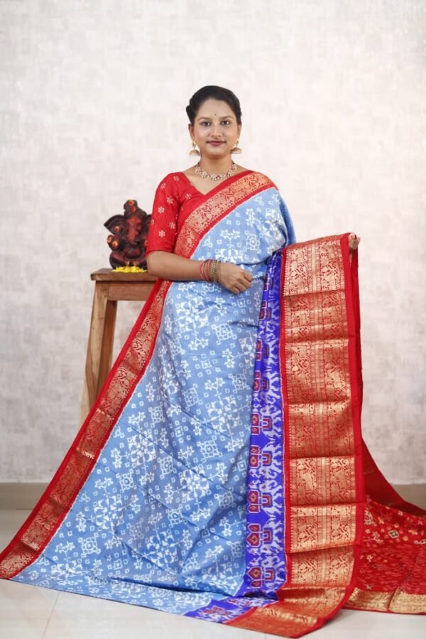 Pochampally Twill ikkat silk saree with blue & red kanchi border, Navratan Patola design ikat