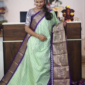 Pochampally Twill ikkat silk saree with green & purple kanchi border