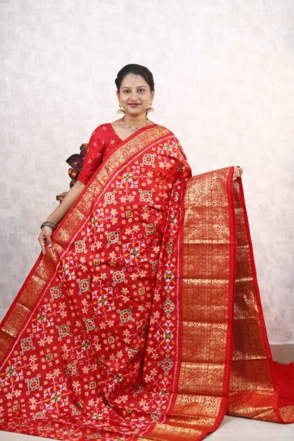 Pochampally Twill ikkat silk saree with red & red kanchi border, ikat Navratan Patola design