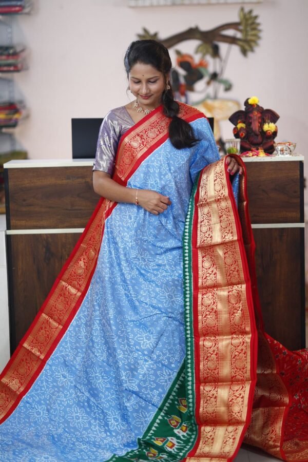 Pochampally Twill ikkat silk saree with blue & red kanchi border 2