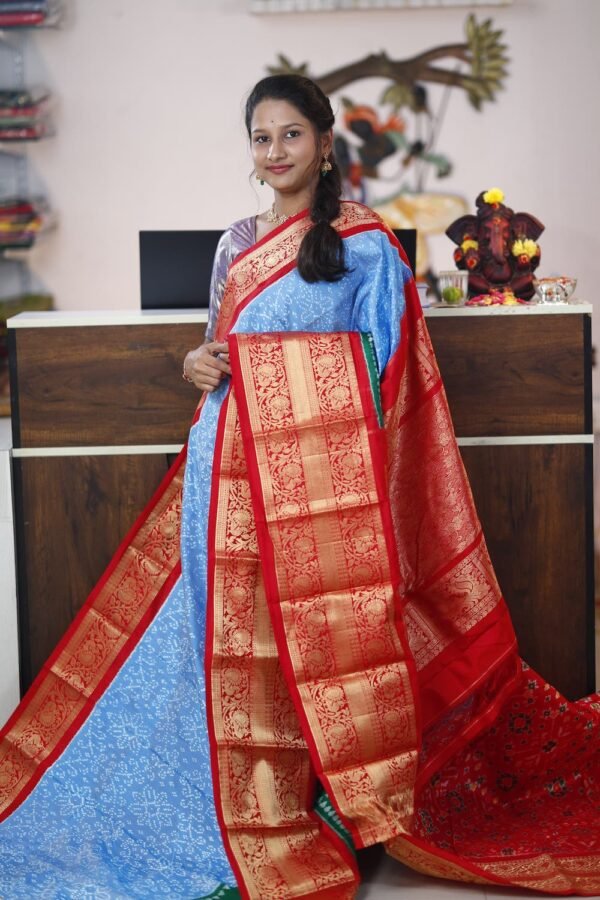 Pochampally Twill ikkat silk saree with blue & red kanchi border