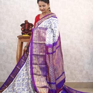 Pochampally Twill ikkat silk saree with white & purple kanchi border, ikat Navratan Patola design 2