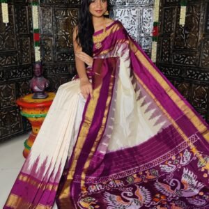 White & maroon twill ikkat saree